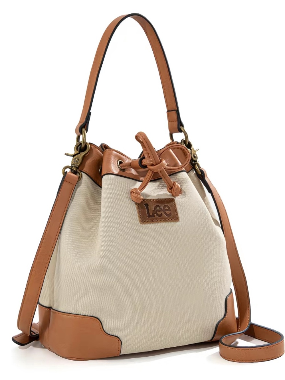 Lee Cream Bucket Bag with Tan Trim and Faux Leather Strap